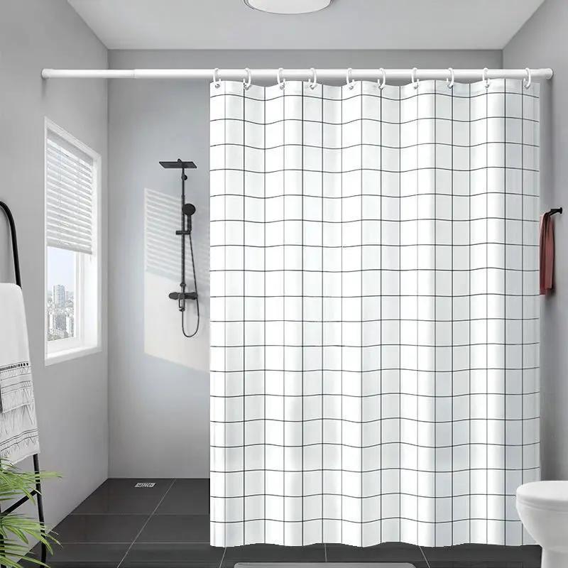 

Shower Curtains 180Cm Gray White Plaid Bathroom Curtain Simple Modern Style Waterproof 71 Inches With Hooks Polyester Fabric W60H190(CM)-1 Pcs