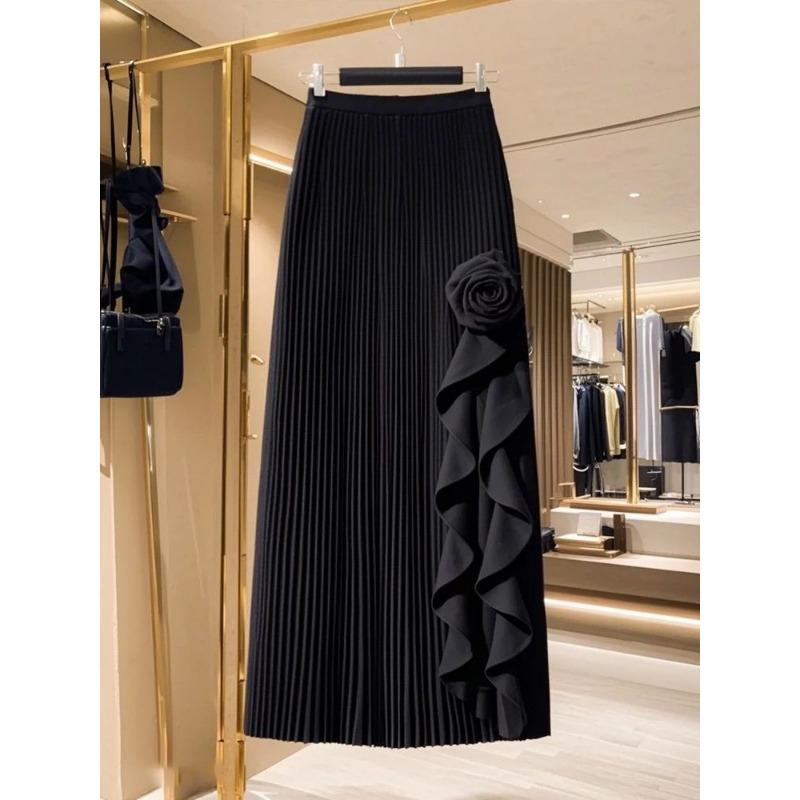 French Ruffled Irregular A-line Skirt for Women 2025 Autumn Winter New High-waisted Black Midi Skirt