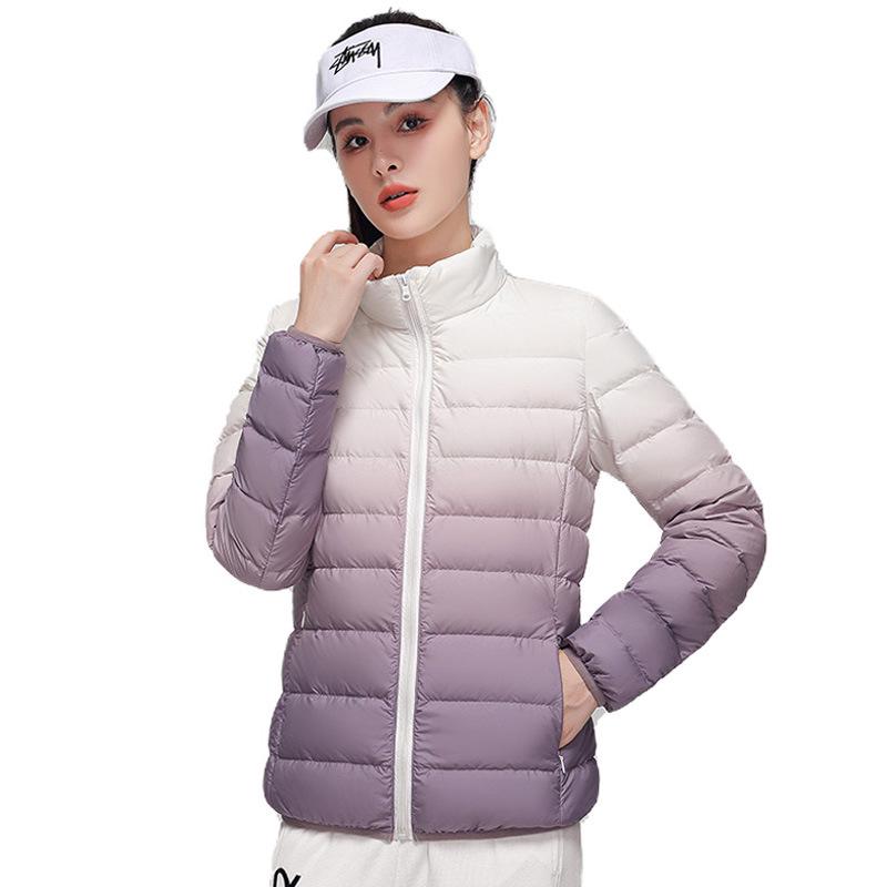 Youjia Women's Gradient Lightweight Down Jacket - 90% White Duck Down, Short Style, Hooded, Autumn/Winter Fashion.