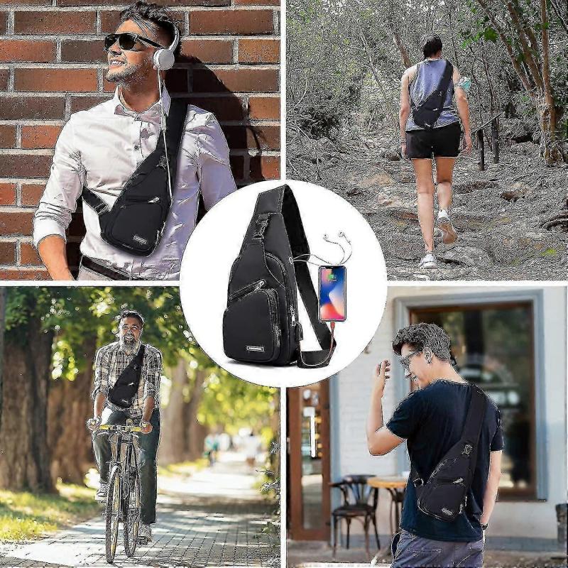 Borsa a tracolla impermeabile per escursionismo, zaino unisex con porta USB e foro per cuffie, zainetto da petto