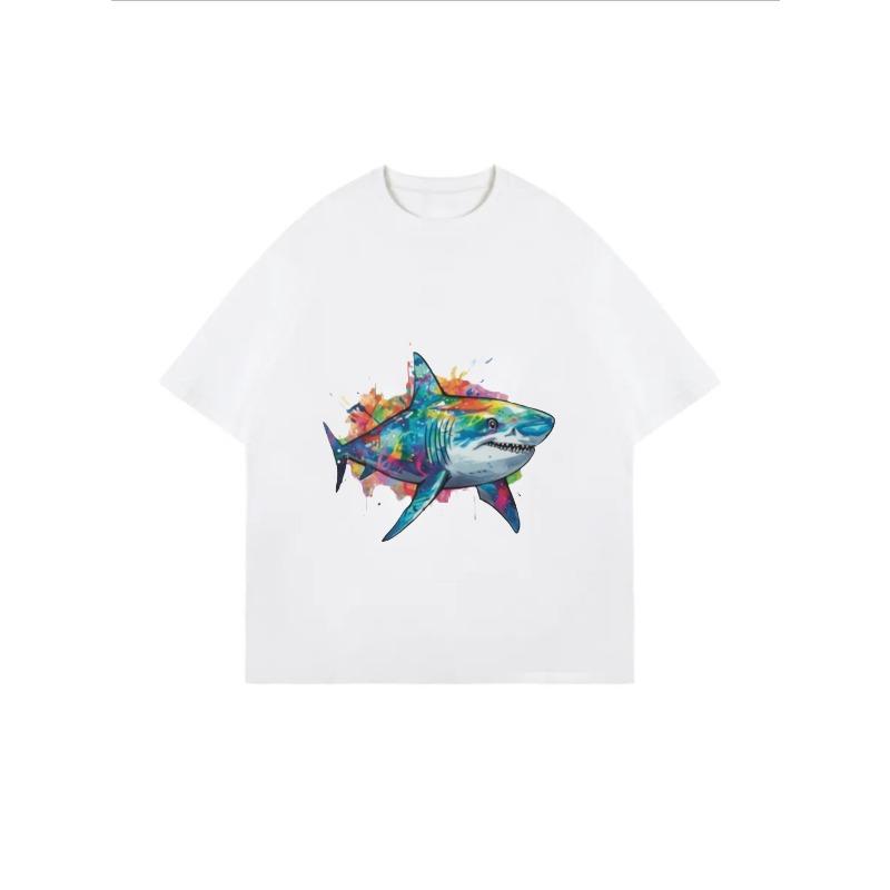 White Oversized T Shirt With Colorful Shark Print For Casual Wear