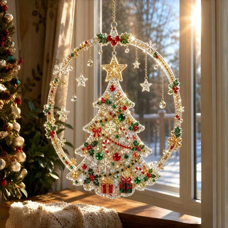 Christmas 2D Flat-Printed Acrylic Christmas Wreath Hanging Ornament Craft Festive Home Window Wall Decor