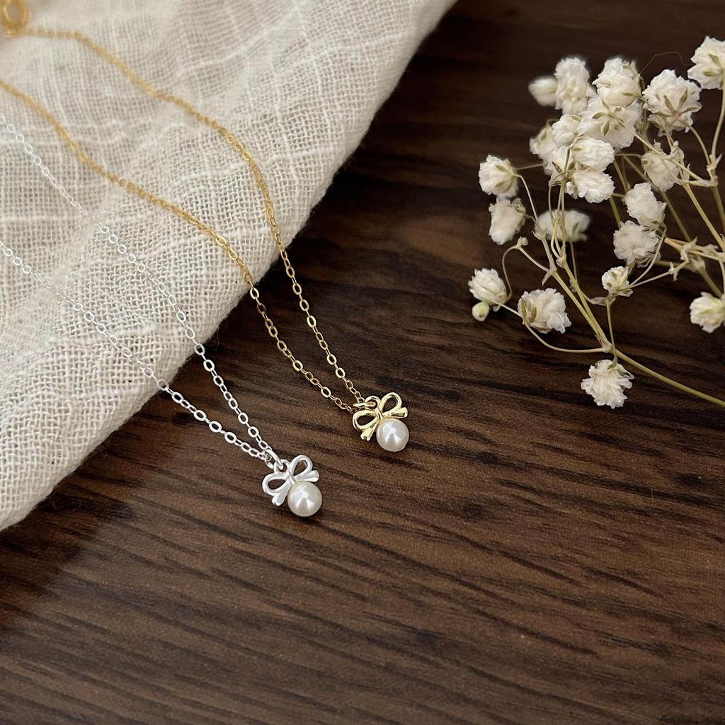 Collana con Ciondolo Fiocco e Perla Sintetica in Argento Sterling 925 Coreano per Donna Gioielli Squisiti Carini per Feste