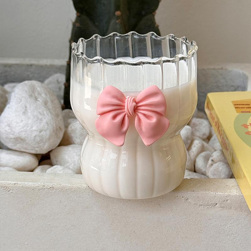 300ML Bow Decor Glass Cups  Transparent  Coffee Milk Mug Cartoon Striped  Water Cup  Drinkware Kitchen Desk  Decor  Girls Gift