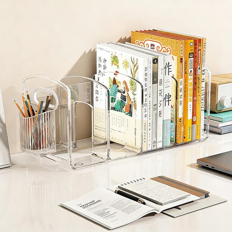 4 Compartment Clear Acrylic File Organizer Desktop Magazine Holder With Handle For Office Home