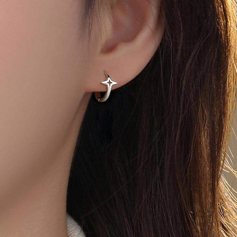 Unisex Stacked Star Hoop Earrings - Japanese & Korean Style, Versatile Daily Wear, Hollow Four-Pointed Star Ear Cuffs
