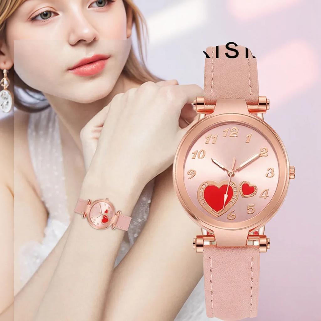 Relógio Feminino Moda Relógio de Quartzo Coração de Pêssego para Mulheres Pulseira de Couro Fosco Relógio de Pulso Feminino Relógio Casual de Vestir Presente para Ela