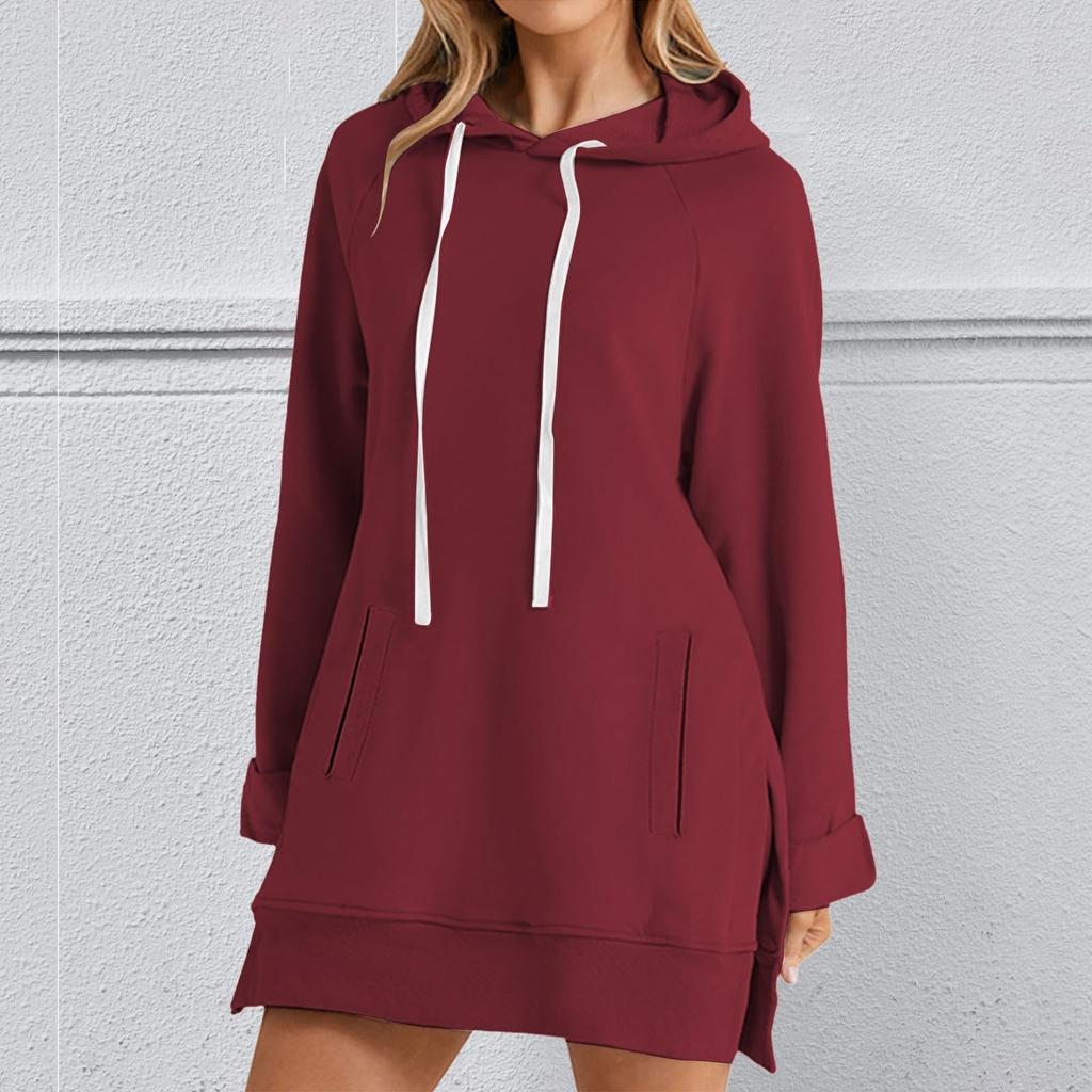 Women's Fashion Hooded Pocket Split-Hem Fleece-Lined Long-Sleeve Pullover Sweatshirt