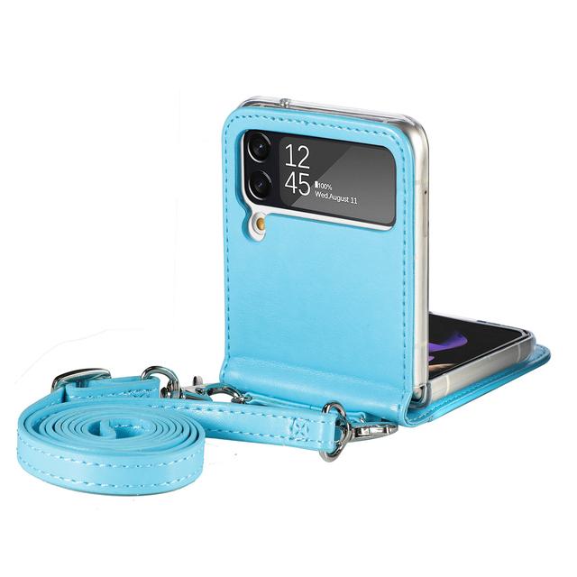 

Кожаный чехол с ремешком для телефона с защитой от падения для Samsung Galaxy Z Flip4 5g Flip 4 Flip3 Flip 3, противоударный чехол для слота для карт, чехол for Samsung Z Flip 3 небесно-голубой