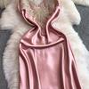 Dress Dress Women's Autumn and Winter Premium Satin Heavy Industry Embroidery Lace V-Neck Suspender Long Elegant Dress
