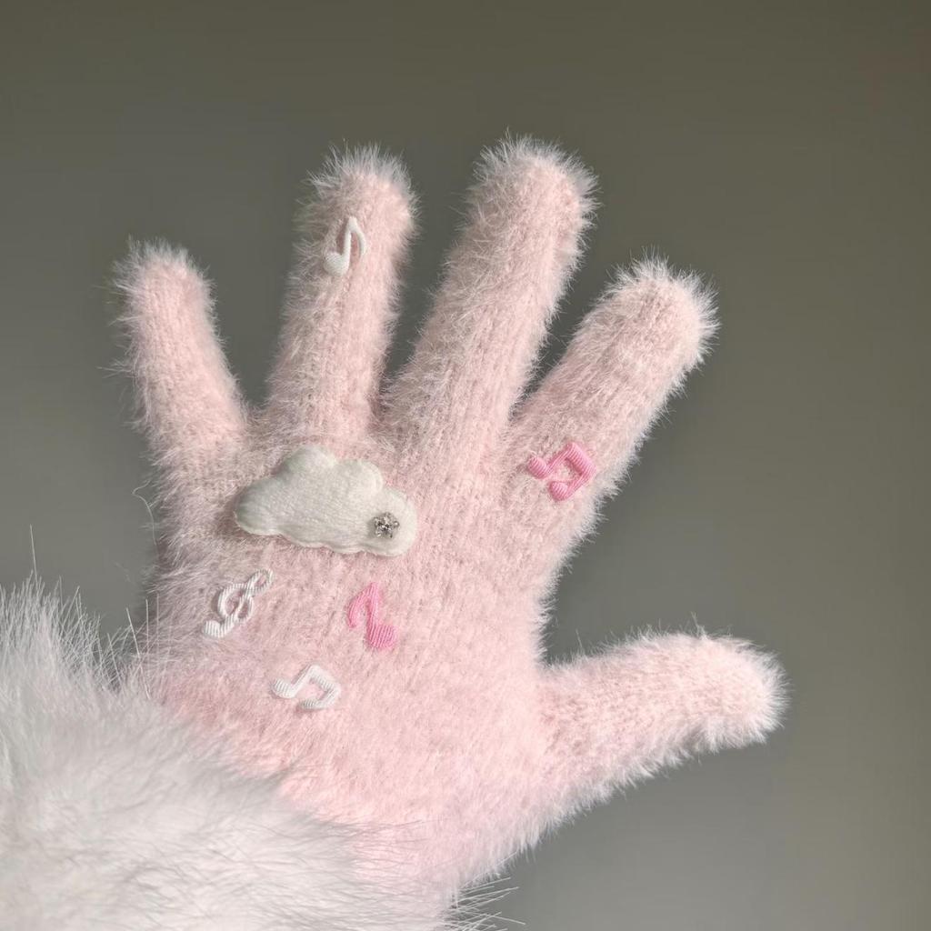 Women's Winter 2025 Retro Plaid Kitty Gloves: Warm Five-Finger Cycling Cold Protection