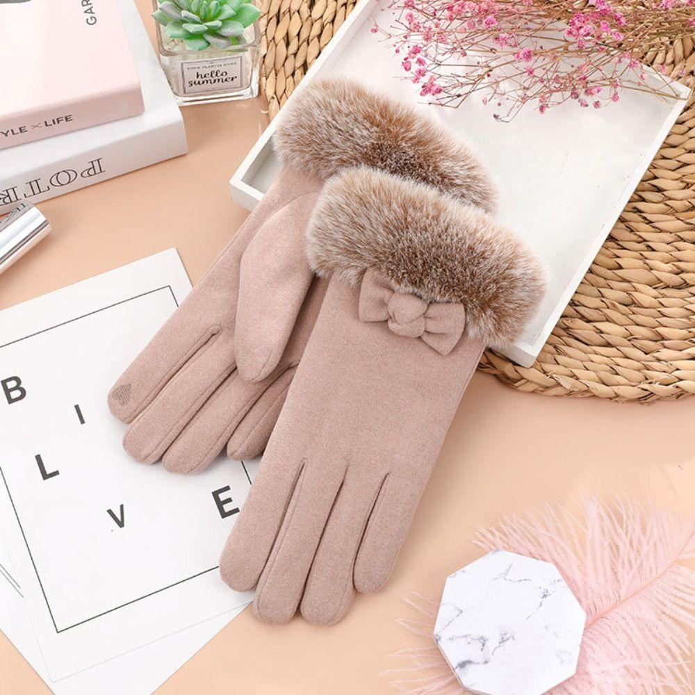 Keep Warm Winter Velvet Gloves  Women Mittens Soft Bow Plush Gloves  Ladies