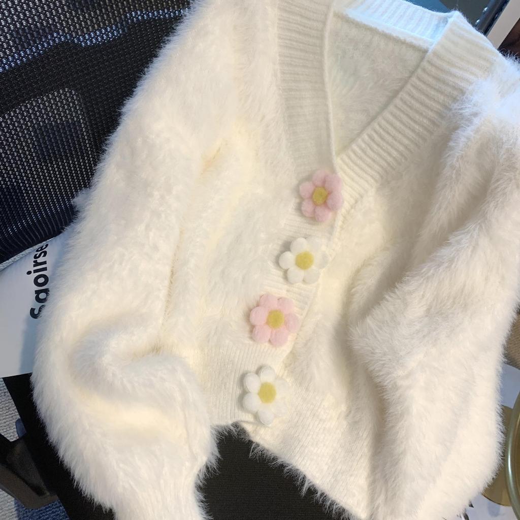 Frühlings- und Herbst-Strickjacke Imitation Nerzfell Pullover Süße Bonbonfarbe Blumenmuster Modischer Kleiner Einfall Temperament Damenmantel