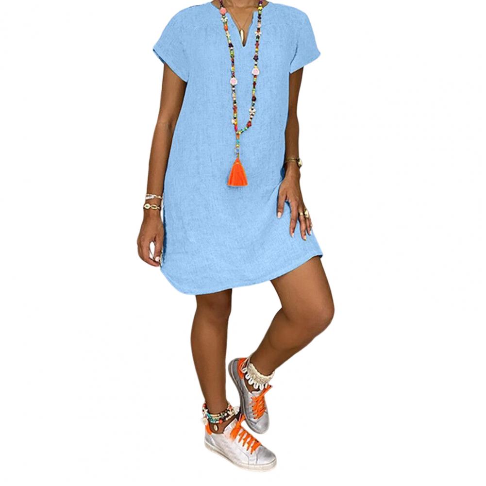 

Летнее платье с V-образным вырезом и разрезом на подоле, свободное нерегулярное платье с короткими рукавами, сплошной цвет, пуловер длиной до колена, повседневная повседневная одежда, платье миди M светло-синий