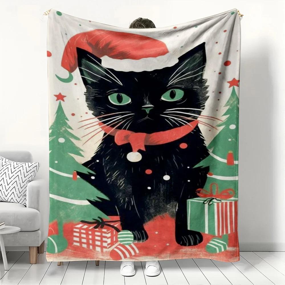 

Christmas Black Cat with Santa Hat Pattern Fleece Blanket, Festive Winter Holiday Throw Blanket with Xmas Tree & Gifts Portable 70x100cm білий