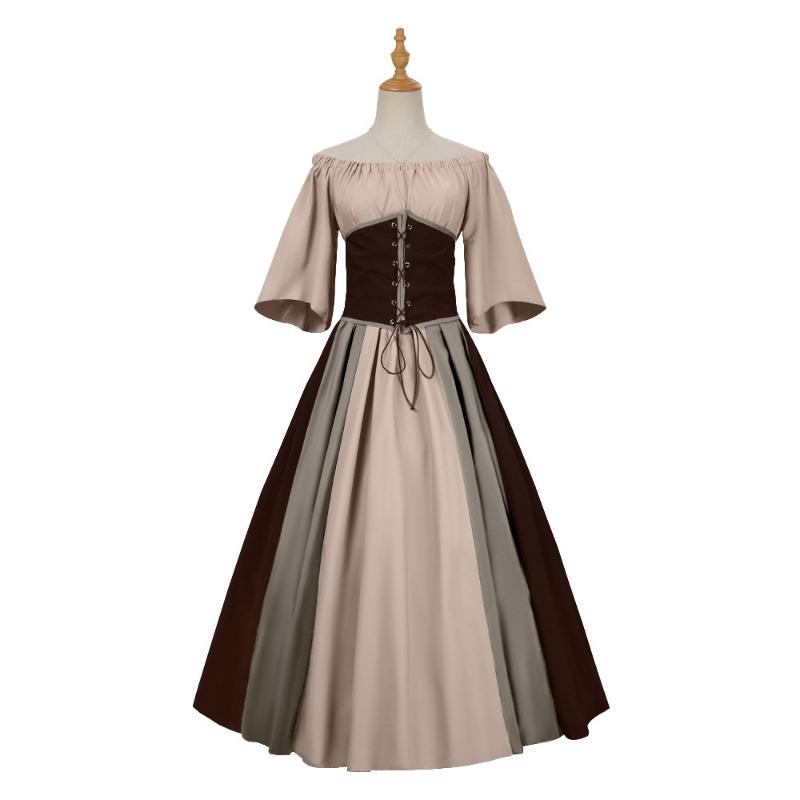 Medieval retro contrasting color slim-fitting skirt flying sleeves big swing skirt one-word shoulder dress women's clothing performance