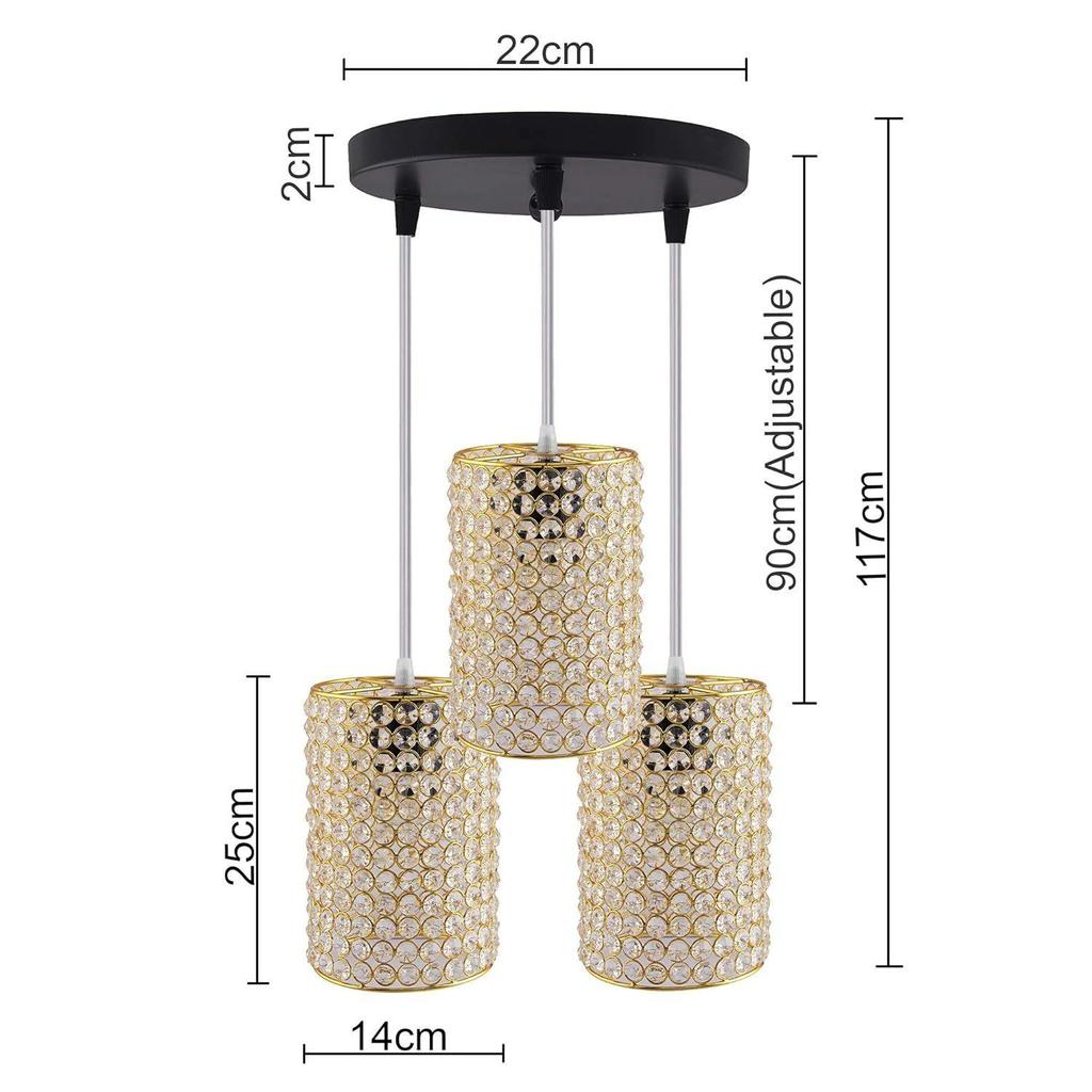 Metal Crystal Pendant Light Fixture – 3-Light Gold Hanging Ceiling Lamp with Adjustable Height, Cylinder Chandelier for Kitchen Island,