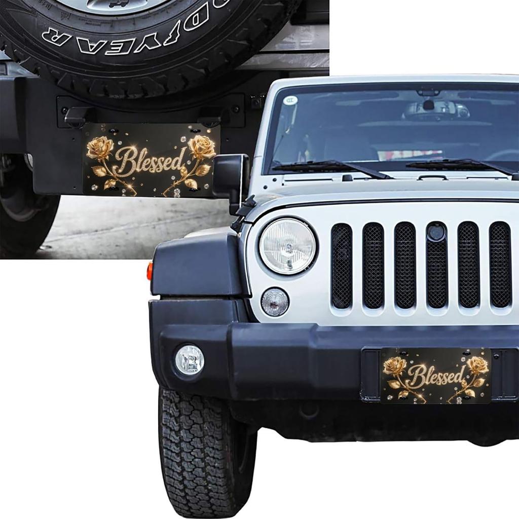 Gold Rose Blessed Front License Plate for Women Car Vanity Plates Decorative Aluminum Metal Cute Novelty License Plate Cover for Men 6x12 Inch (4