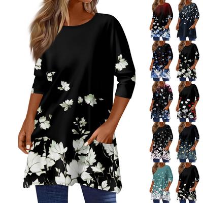 3/4-Ärmel-Taschenoberteile für Damen, T-Shirt, lässiger Druck, mittellange Oberteile, T-Shirt, Rundhalsausschnitt, Pullover, Bluse