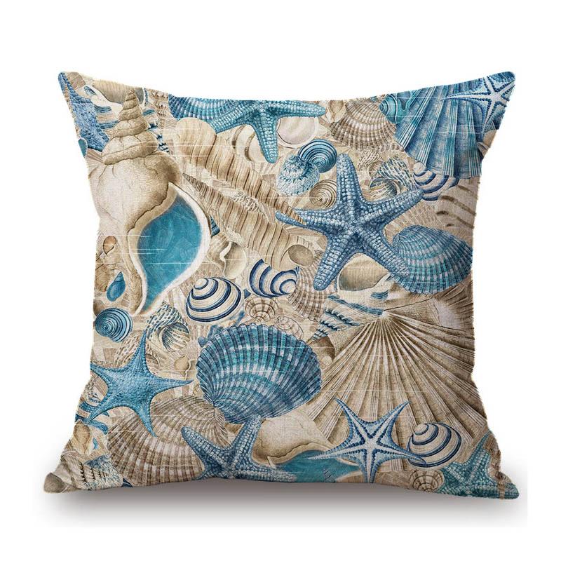 Ocean Blue Sea Life Marine Acquatics Jelly Fish Seashell Starfish Pattern Stylish Nordic Pillow Case Cotton Linen Cushion Cover