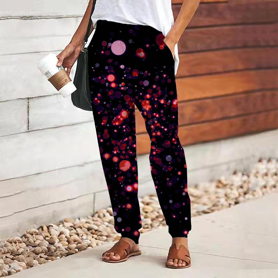 Women Glitter Printing Pants Lace Up Elastic Waist Loose  Trousers Casual Long Pants Trousers with Pockets