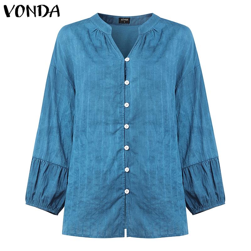 

VONDA Vintage Women V-Neck Long Sleeve Texture Loose Casual Retro Blouse 5XL синий