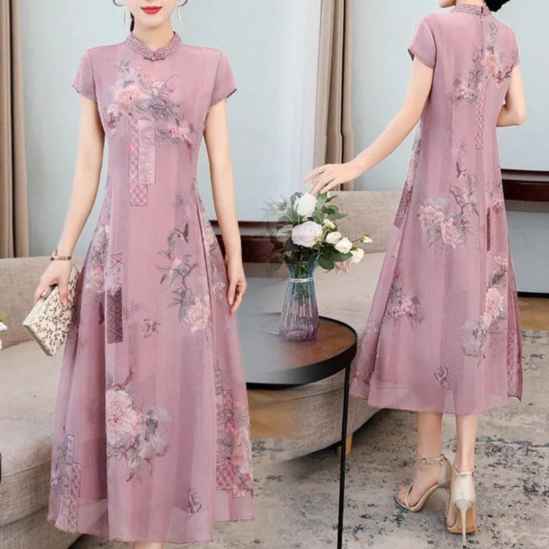 Women Cheongsam Dress Short Sleeves Stand Collar Long Skirt Chinese Style High Waist A-line Skirt