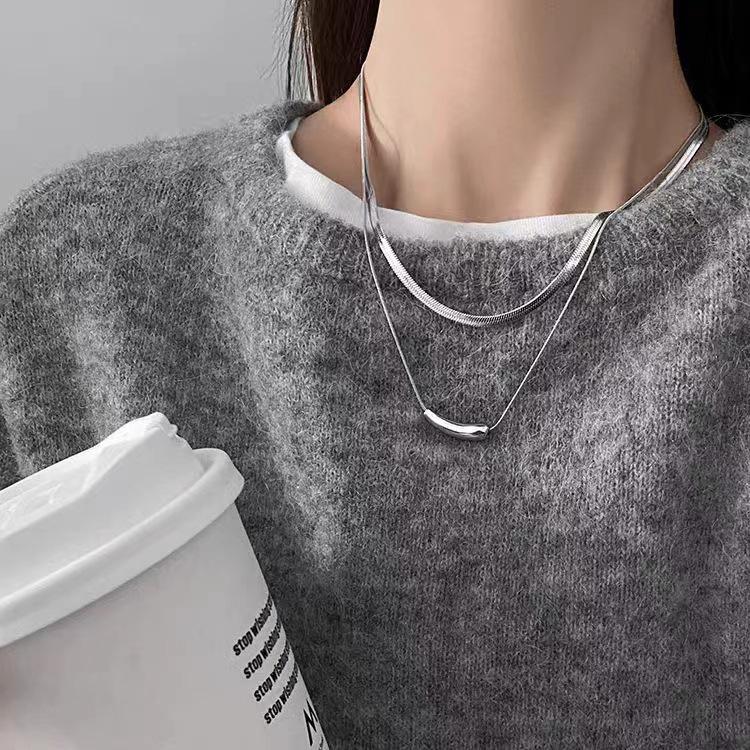 Double-Layer Bean & Eggplant Necklace – Trendy 2024 Niche Stackable Clavicle Snake Bone Chain for Girls