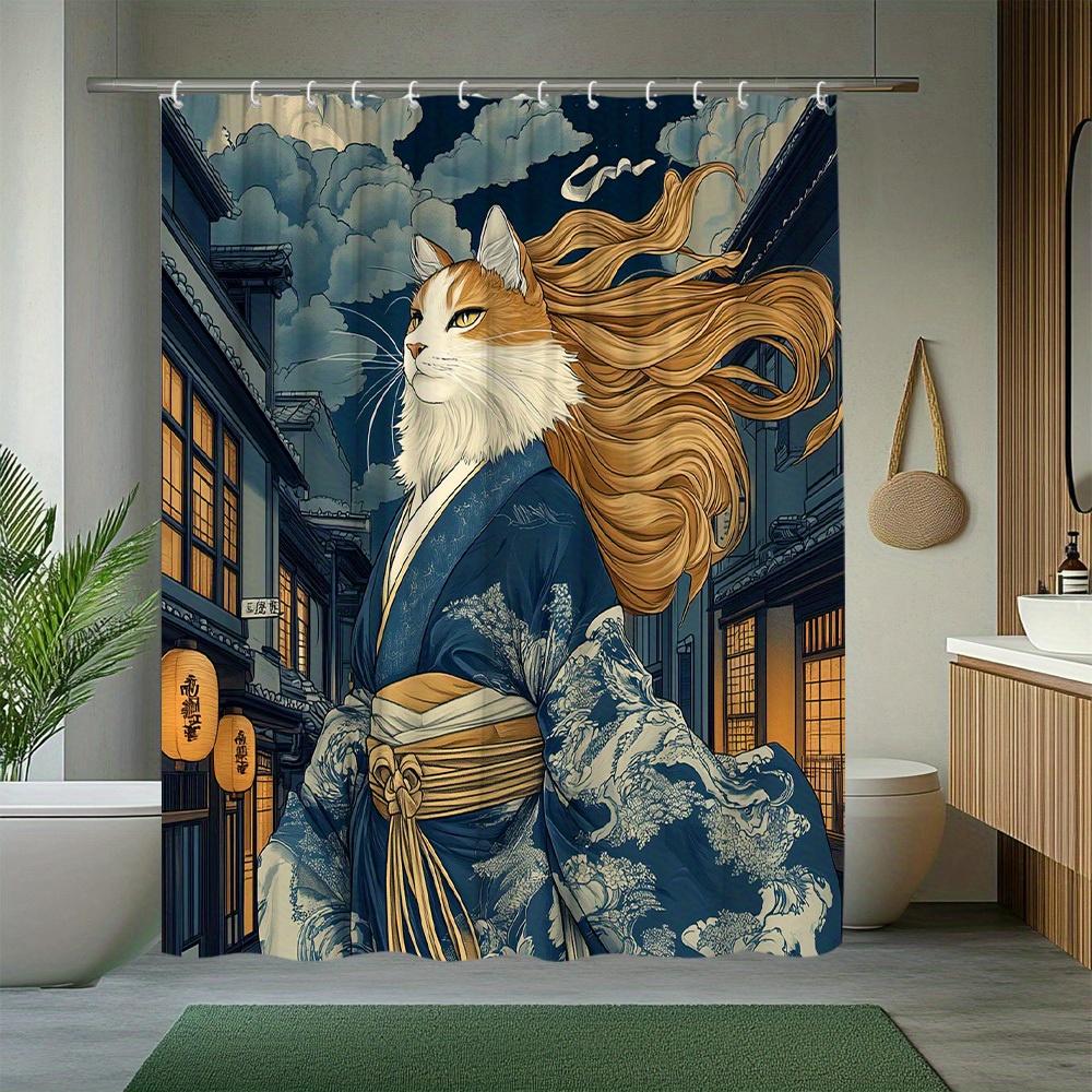 1Pc Cat Shower Curtain Warrior Cat House Pattern Japanese Style Cartoon Animal Shower Curtain With 12 Hooks Easy To Install Size