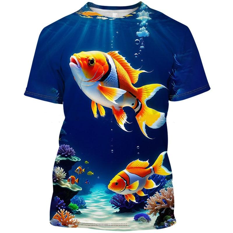 Koi Goldfish Pattern Summer Men's T-shirt Fun Fish 3D Printed Short Sleeved Top Fashionable Street Daily Casual Round Neck Pullover