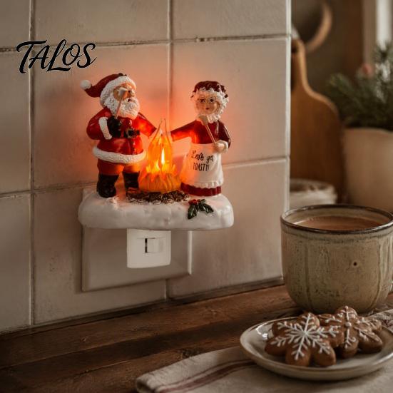 Warm Twinkling Christmas Decor Night Light, Santa Claus Grandma Bonfire Resin LED Lamp Holiday Nursery for Bedroom, Plug-in Festive Ambient