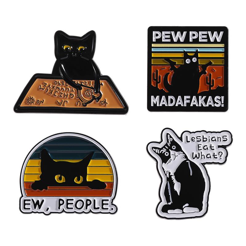 2-8pcs/set Cute Cat Enamel Pins Cartoon Big Eyes Black Kitties with Knife Animal Brooches Lapel Badge Jewelry Gifts For Friends