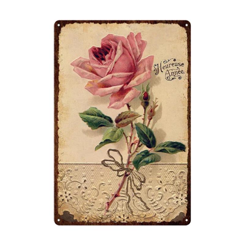 Pastoral Style Flower Plaque Metal Tin Sign Lavender Rose Retro Plates Poster for Living Room Home Garden Wall Decor 20x30cm