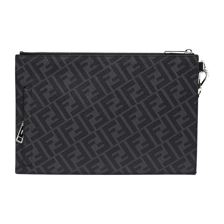 Fendi Monogram Logo FF Pattern Color Block Striped Coated Wristband Canvas And Leather Clutch Men Clutch Black Gray Yellow 7N0110-A9XS-F0R2A