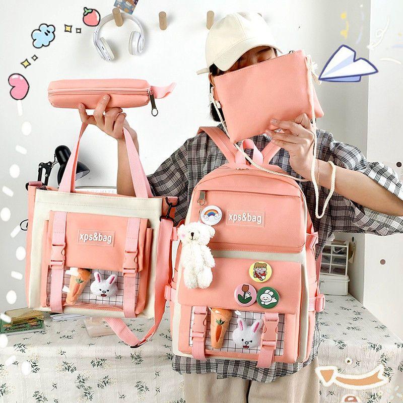 

4Pc Sets Canvas Schoolbags Teenage Girls Women Backpack Canvas Kids Primary School Bags College Student Laptop Backpacks