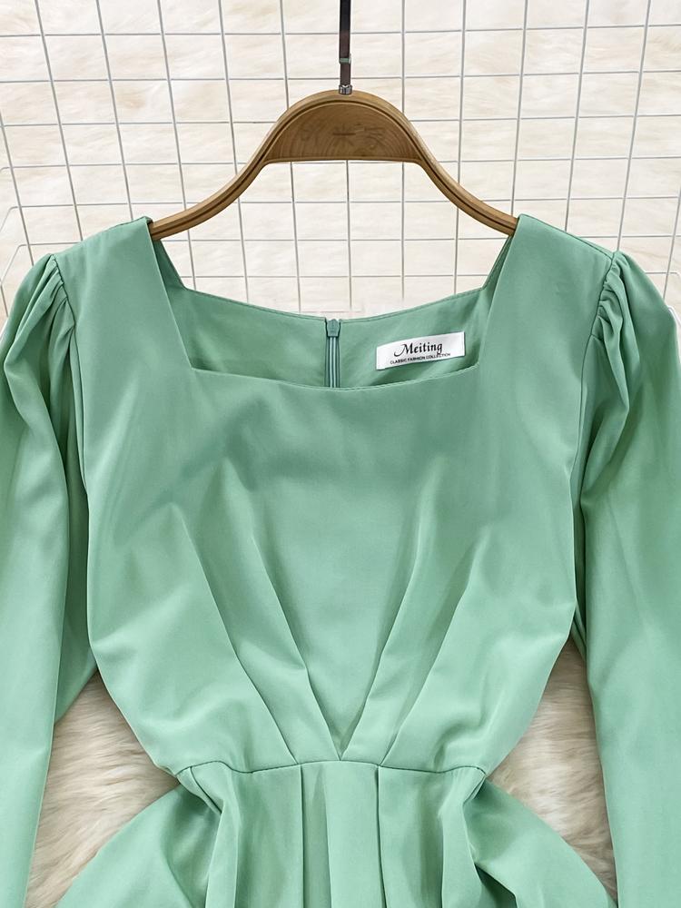 Podzimní Vintage Dámské čtvercové šaty Midi s límcem Elegantní Zelená/Růžová/Červená Vysoký pas Úzký přehozený Ženský župan Big Swing Nové