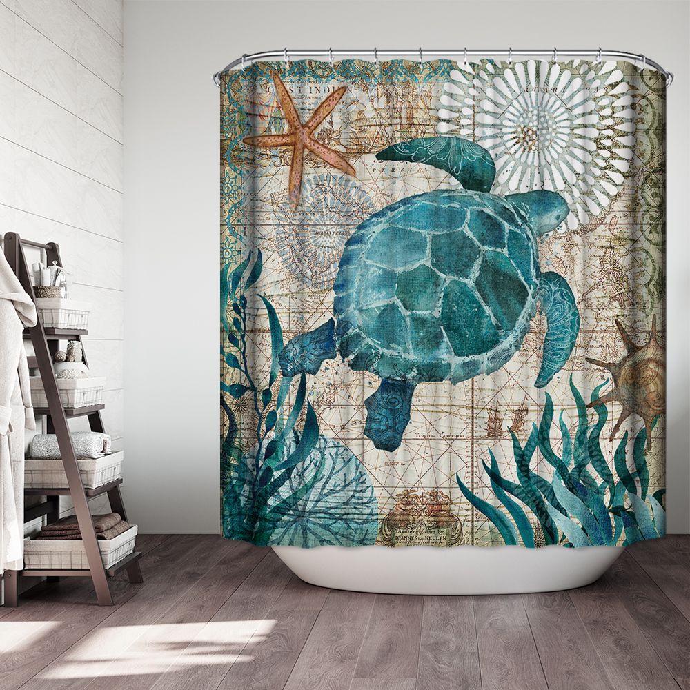 4Pcs Sea Turtles Bath Bathroom Shower Curtain Non Slip Toilet Cover Rugs Mat Set