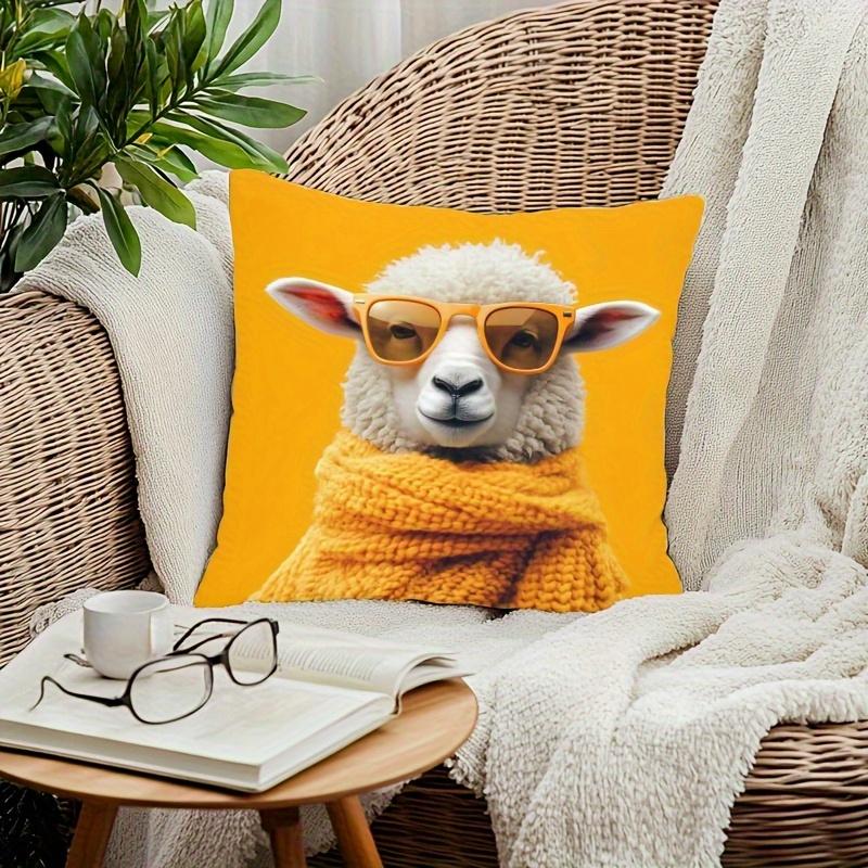 1Pc Cool Sheep Anthropomorphic Print Throw Pillow Cover, Suitable For Sofa, Bedroom, Living Room,A Unique Gift For Animal Lovers