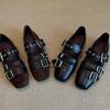 Rindsleder-Version~ Leder-Einzelschuhe eckige Spitze Einspangen-Mary-Jane-Schuhe Damen flach jk Schuhe Ballerinas