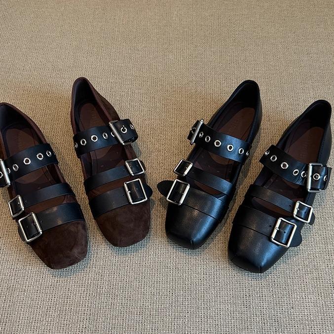 Cowhide Version~ Leather Single Shoes Square Head One-word Buckle Mary Jane Shoes Women's Shallow Jk Shoes Ballet Flats
