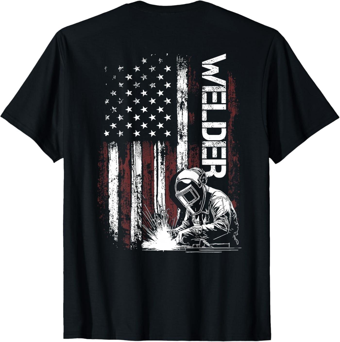 ( ON Back ) Welder Vintage USA American Flag Welding T-Shirt S