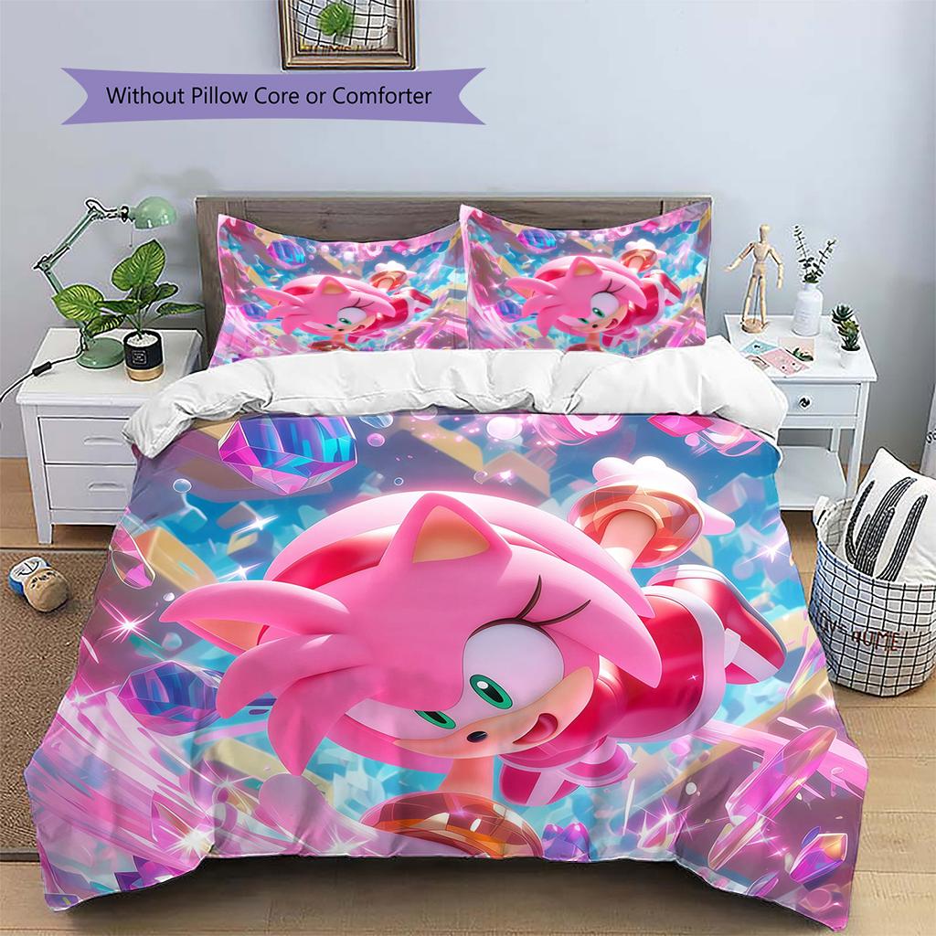 Sonic the Hedgehog Pattern Bedding Quilt Set Home Decoration Gift (1 * Duvet Cover + 2 * Pillowcase Without Core)