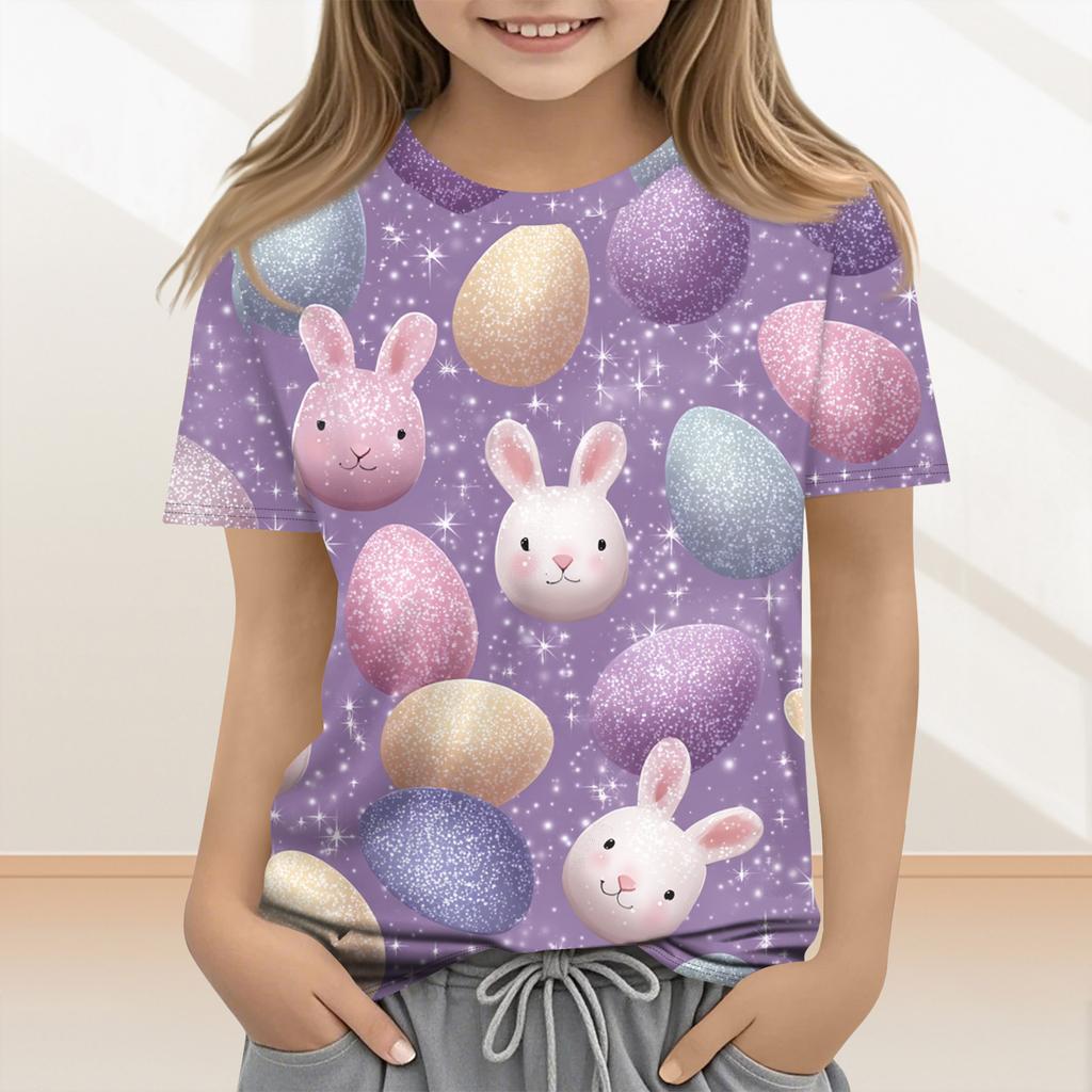 Lässige und modische Osterkleidung für Kinder, mit Hasen, Ostereiern und bedruckten kurzärmeligen Oberteilen und T-Shirts.
