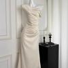 Women's Satin Maxi Dress Beige One Shoulder Ruched Slim Fit Evening Party Gown