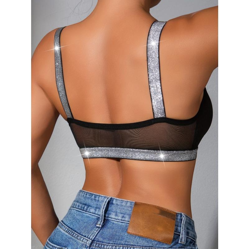 Bralette da Donna con Spalline Glitterate, Inserti in Rete Trasparente Costinata Sportiva, Fascia Scintillante Push Up Crop Top per Uso Quotidiano