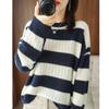 Round Neck Thick Sweater Women's Autumn and Winter Striped Sweater Hollow Loose Knit Sweater