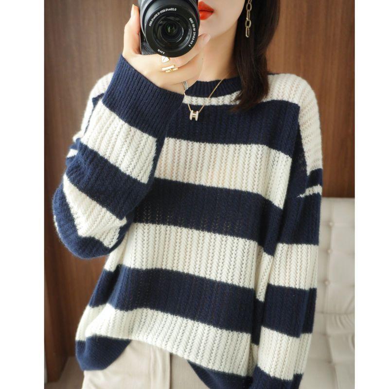 Round Neck Thick Sweater Women's Autumn and Winter Striped Sweater Hollow Loose Knit Sweater