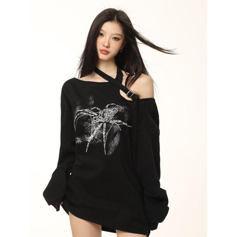 Shiyiyue One-Word Oblique Shoulder Spider Print Sweatshirt Female Spring & Fall Stylish Niche Style Sexy Halterneck Long-Sleeved Tops