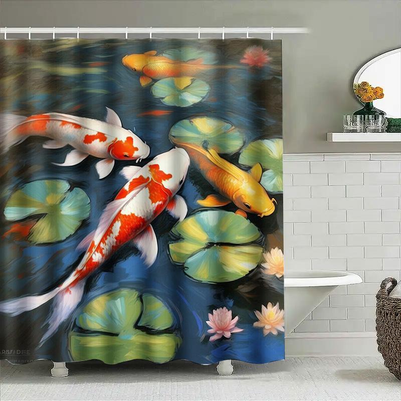 Colorful Koi Fish Shower Curtain Water Lilies Design for Bathroom Decor Waterproof Fabric Customizable Size