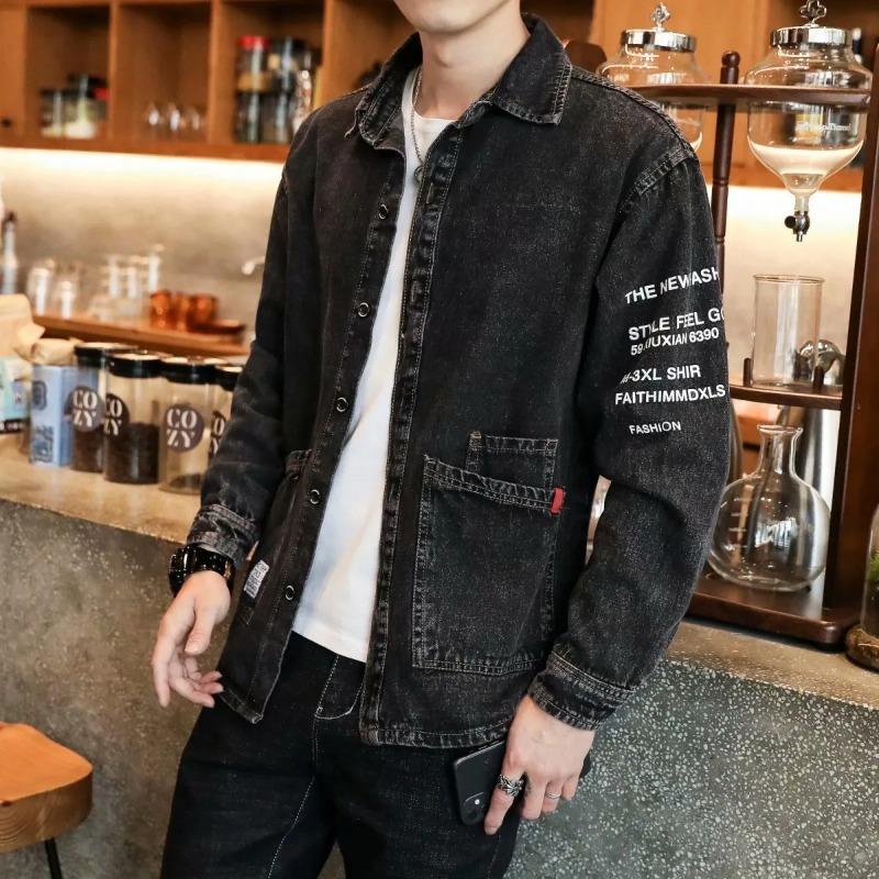Men's Letter Print Washed Denim Shirt Jacket